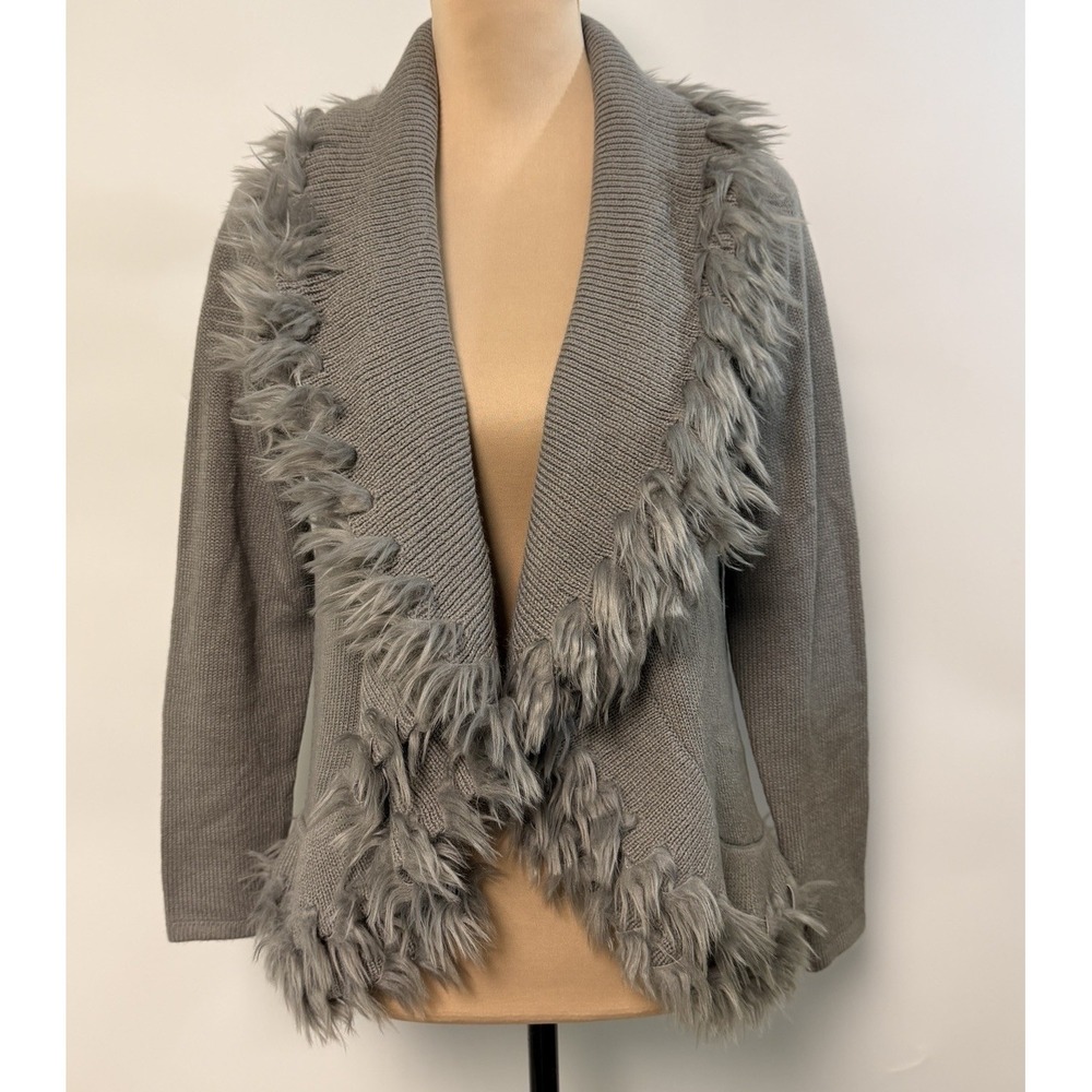 Alfani Womens Gray Faux Fur Trim Cardigan sweater Medium Y2K Style Indie Sleaze